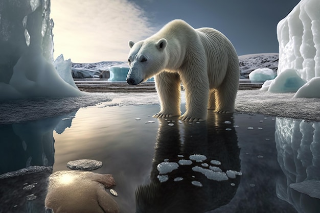 Oso polar blanco sobre charco glaciar derretido y carámbanos