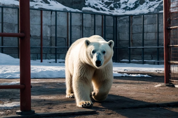 Oso polar blanco solitario en cautiverio caminando afuera en un día soleado Oso polar solitario en un recinto confinado