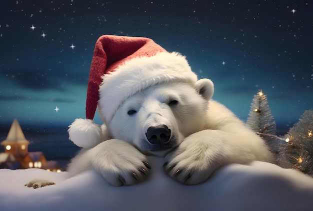 Oso polar blanco con sombrero de Papá Noel rojo IA generativa