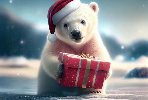 Oso polar blanco en traje de sombrero de Papá Noel en fondo de paisaje nevado Concepto de temporada y año nuevo Ilustración de arte digital IA generativa