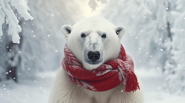 Oso polar con bufanda en el frío invierno