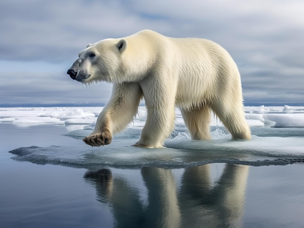 Un oso polar camina sobre hielo con la palabra polar.