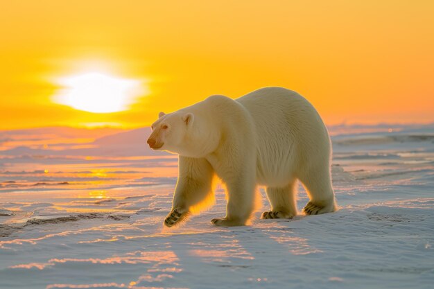 Foto el oso polar camina sobre la nieve durante el amanecer.