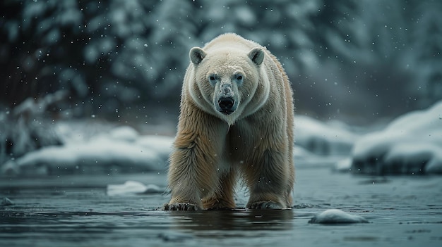 El oso polar camina a través de un cuerpo de agua