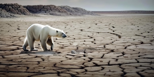 Oso polar caminando sobre el concepto de cambio climático de tierras áridas