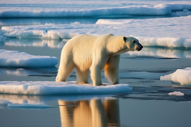 un oso polar caminando sobre el hielo en el mar ártico buscando comida y bebiendo de su boca foto de archivo