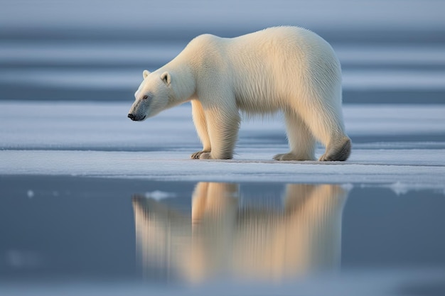 un oso polar caminando sobre el hielo con su reflejo en el agua buscando comida o algo que comer