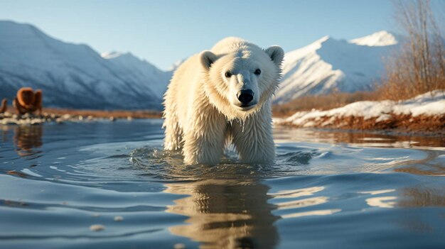 Foto un oso polar caminando a través del fondo del agua