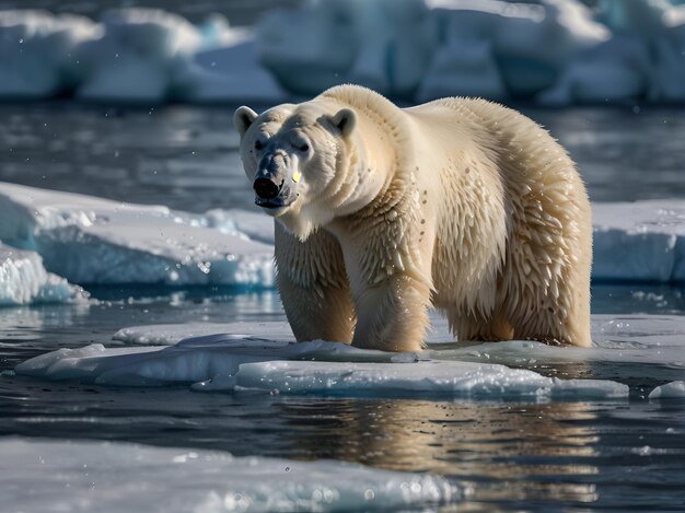 Foto oso polar en una capa de hielo en el agua