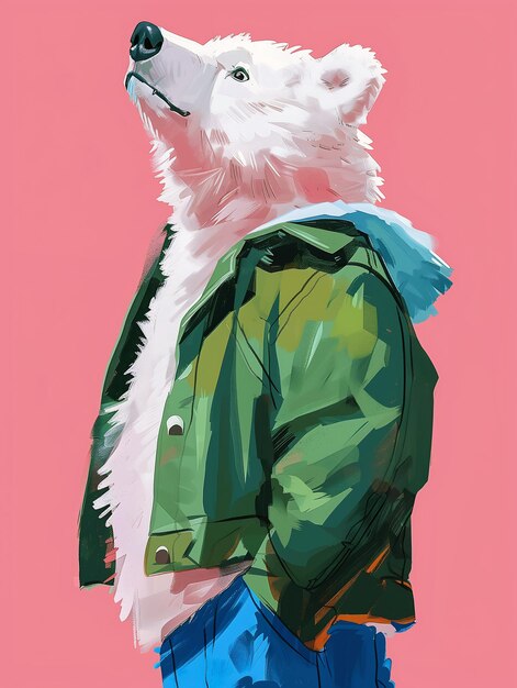 oso polar con chaqueta antropomórfica cara de lobo impresionante color de moda vacío luz del día zorro rosado