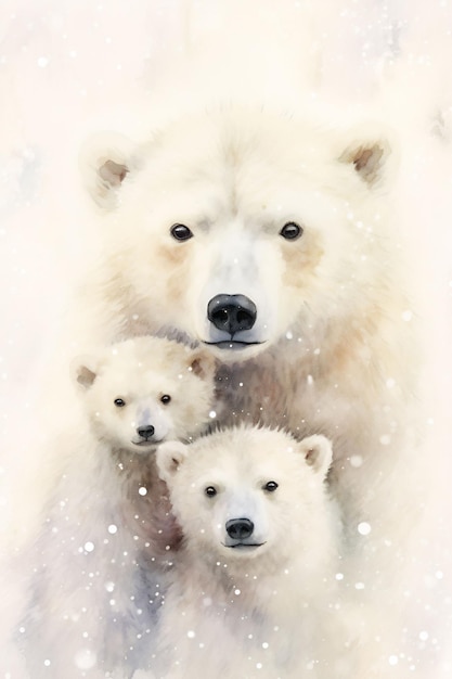 Un oso polar con dos cachorros en la nieve.