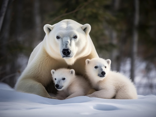 Un oso polar con dos cachorros en la nieve.