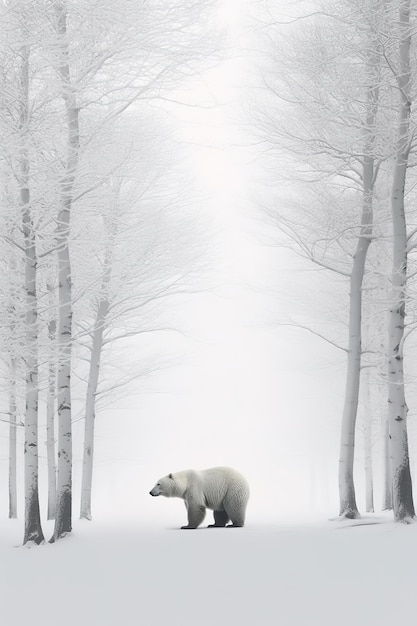 Un oso polar se encuentra en un bosque nevado con árboles cubiertos de nieve.