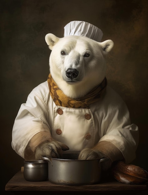 Un oso polar está cocinando en una sartén con un sombrero.