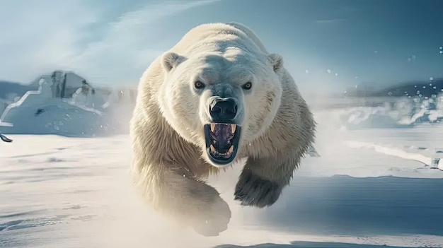 Un oso polar está corriendo por la nieve.