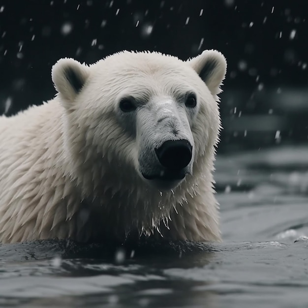 Un oso polar está nadando en el agua y está nevando.