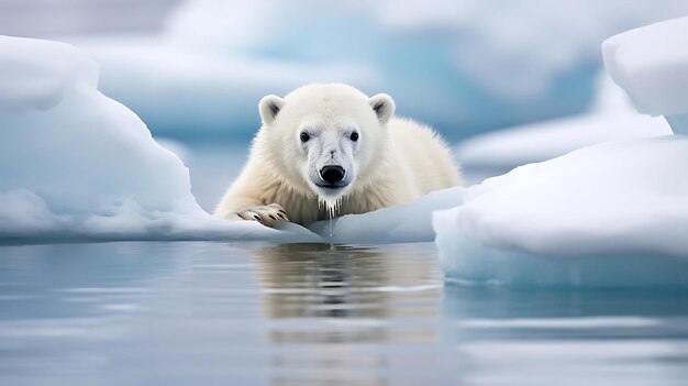 Un oso polar está nadando en el agua con hielo y hielo