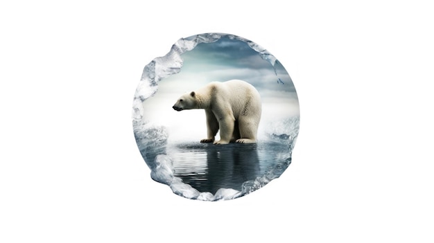 un oso polar está parado sobre el agua con un oso polar al fondo.