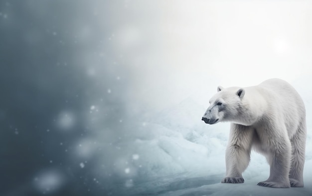 Un oso polar está parado sobre hielo con un fondo nevado.