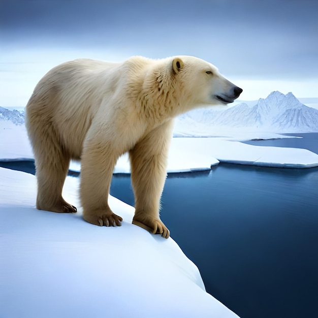 Un oso polar está parado sobre un trozo de hielo con montañas al fondo.