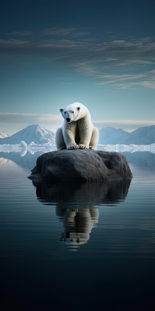 un oso polar está sentado en una roca en el agua