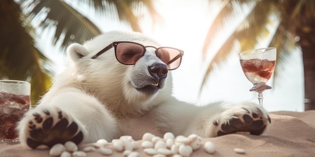 El oso polar está de vacaciones de verano en un balneario y se relaja en la playa de verano