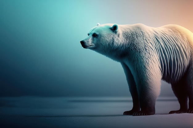 Un oso polar se para frente a un fondo azul y rosa.