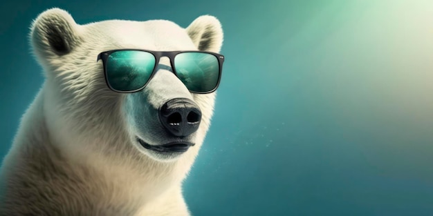 Un oso polar con gafas de sol y un fondo azul.