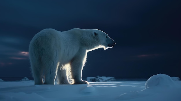 Oso polar en el hielo por la noche