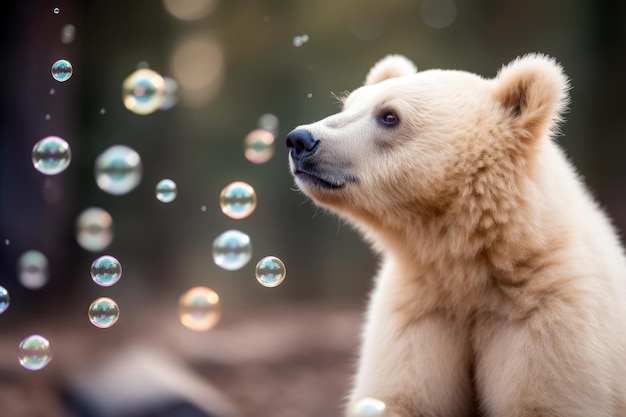 Un oso polar mira las burbujas en el aire.