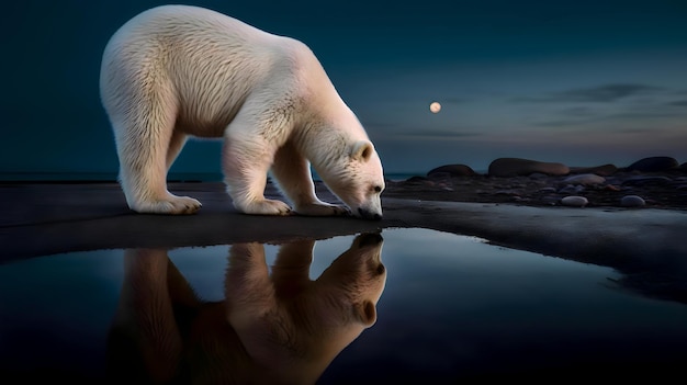 Un oso polar mira la luna al fondo.