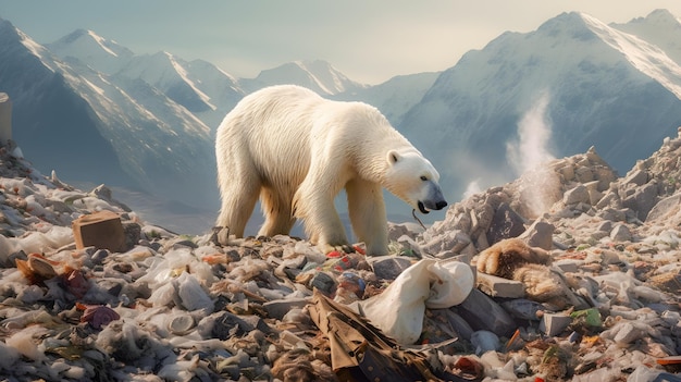 Oso polar en una montaña de basura y plástico Fusión polar y contaminación humana Animales en extinción Generativo ai