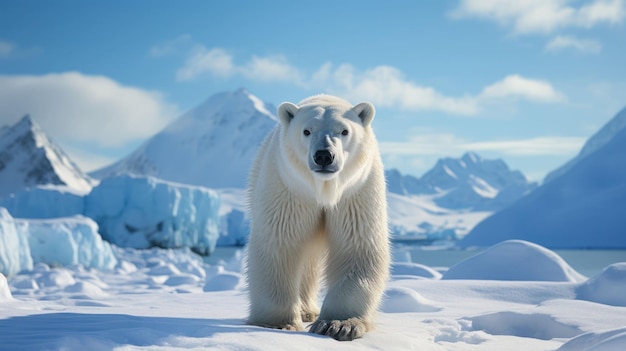 Oso Polar con montañas nevadas en segundo plano.