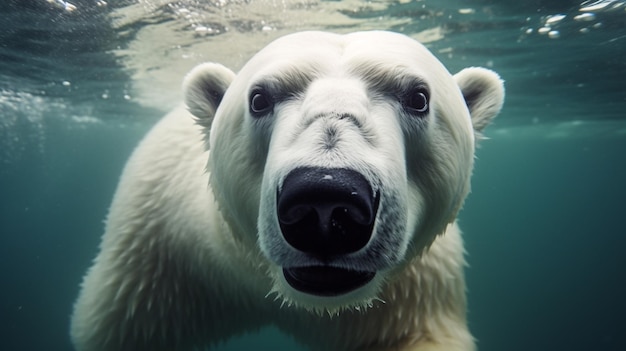Un oso polar nada bajo el agua azul hacia el espectador.
