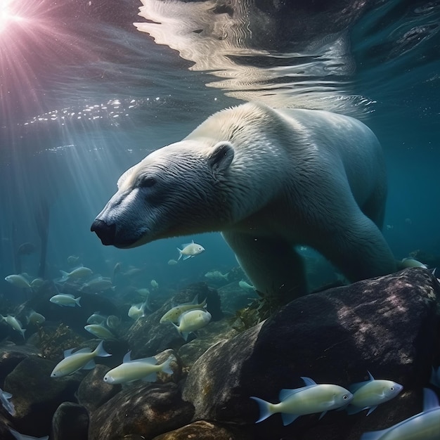 Un oso polar nada bajo el agua con un pez en el fondo.