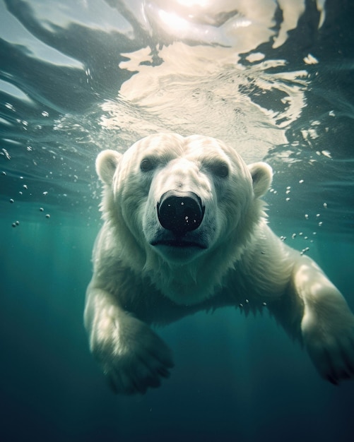 El oso polar nada en aguas heladas.