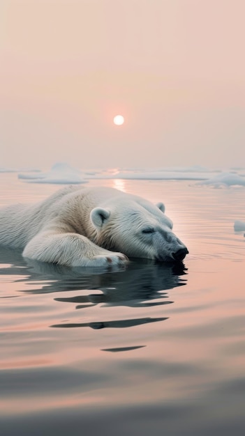 El oso polar nadando al atardecer