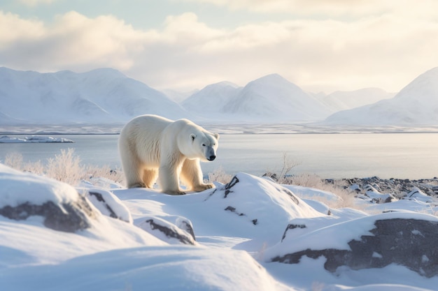 Oso polar en la nieve con montañas al fondo