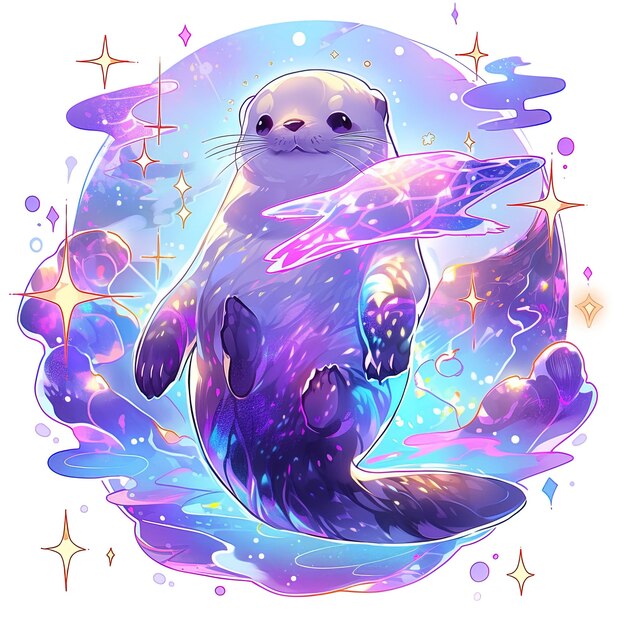 un oso polar con ojos púrpuras y un cuerpo púrpura con estrellas en el fondo