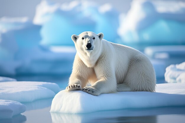 El oso polar de pie en el glaciar de agua clara viendo el mar azul