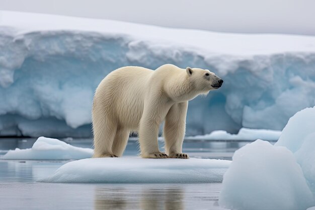 un oso polar de pie en la parte superior de un iceberg en el océano Ártico mirando algo a la cámara