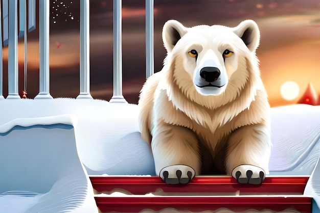 Oso polar en el porche de la casa decorada para Navidad y Año Nuevo