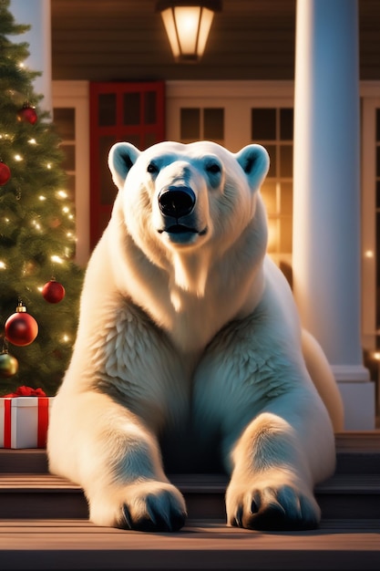 Oso polar en el porche de la casa decorada para Navidad y Año Nuevo