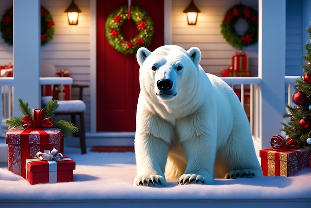 Oso polar en el porche de la casa decorada para Navidad y Año Nuevo
