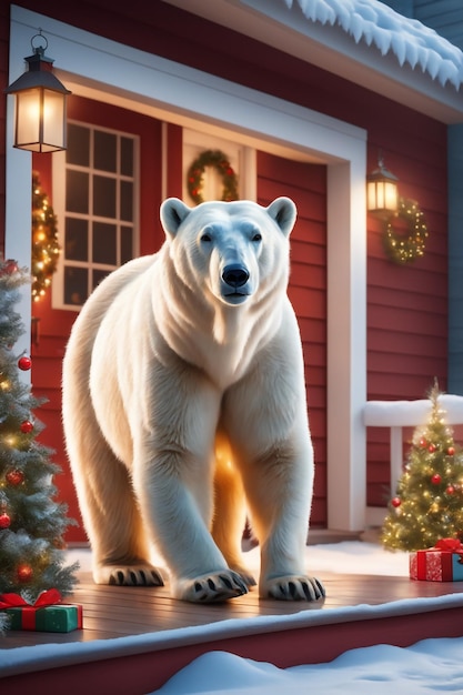 Oso polar en el porche de la casa decorada para Navidad y Año Nuevo