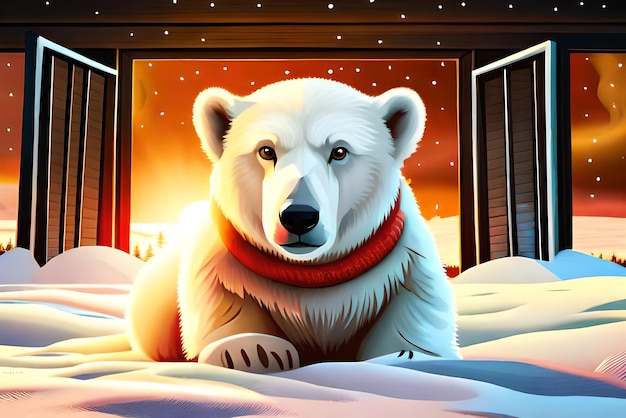 Foto oso polar en el porche de la casa decorado para navidad y año nuevo