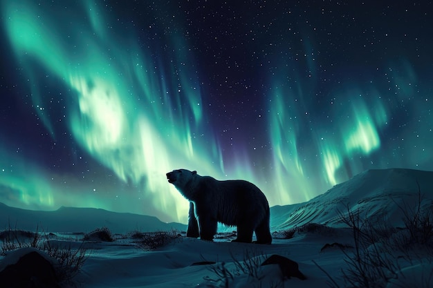 Un oso polar en el resplandor etéreo de las luces del norte