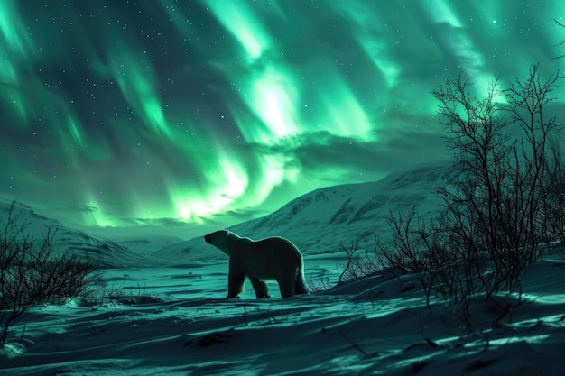 Un oso polar en el resplandor etéreo de las luces del norte