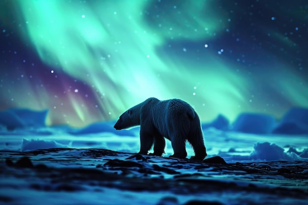 Un oso polar en el resplandor etéreo de las luces del norte