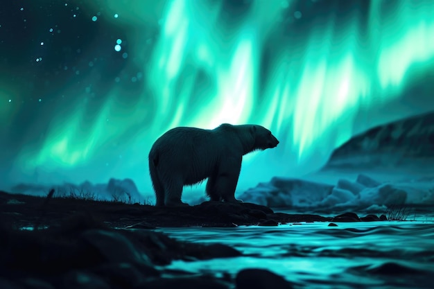 Un oso polar en el resplandor etéreo de las luces del norte